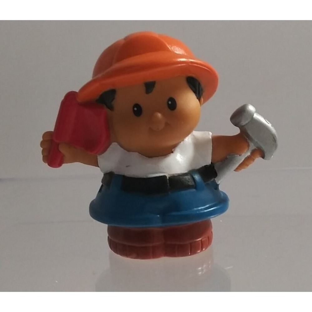 Fisher Price Little People Construction Worker Hammer Flag Orange Hardhat Man